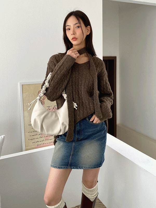 SET3221K3C-켄이트 브이넥 꽈배기 니트 머플러 세트